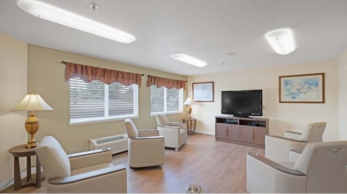 Lounge area with chairs, a television, and lamps.