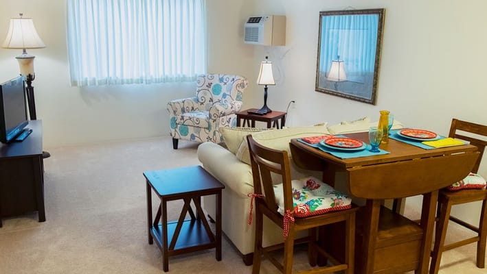 Living room featuring a sofa, dining table, and decorative armchair