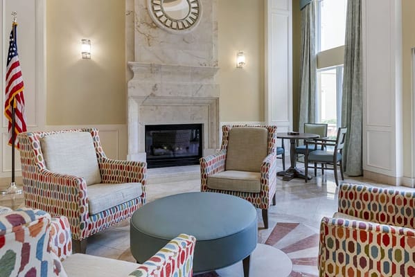 Interior lounge area with colorful seating