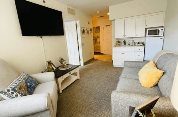 Living room with couch, television, and kitchenette