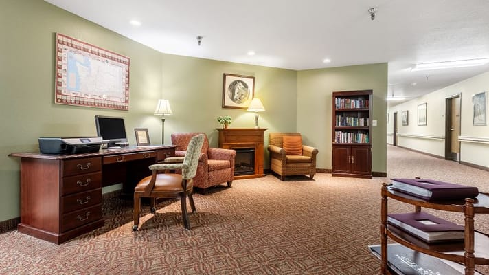 Interior common area with seating and a desk