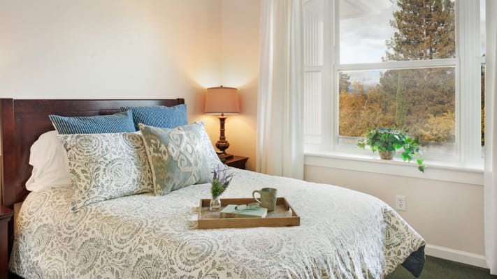 Cozy bedroom with a view and decorative bedding