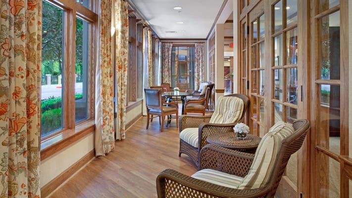 Bright interior common area with seating