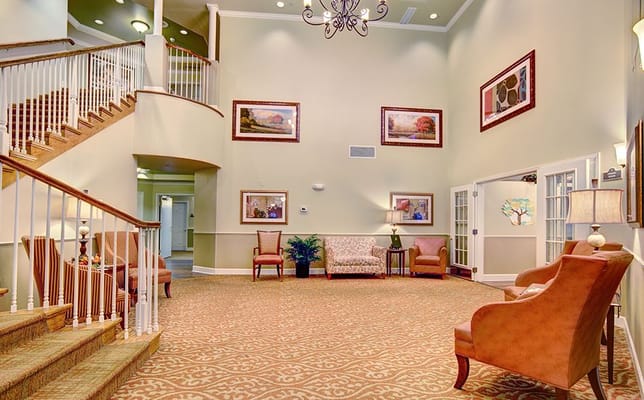 Bright interior lobby with seating and decor