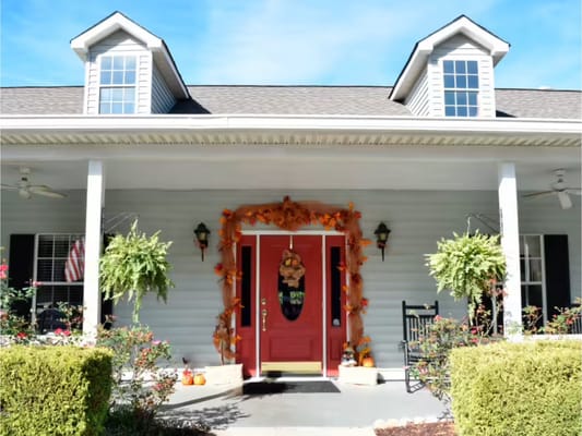 Front entrance decorated for autumn at The Haven at Newnan.
