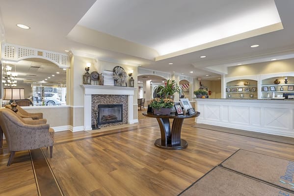 Interior lobby area with seating and decorations
