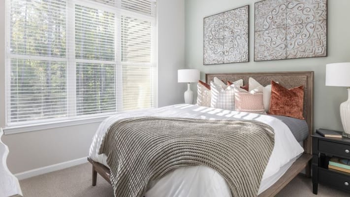 Cozy bedroom with decorative accents and natural light