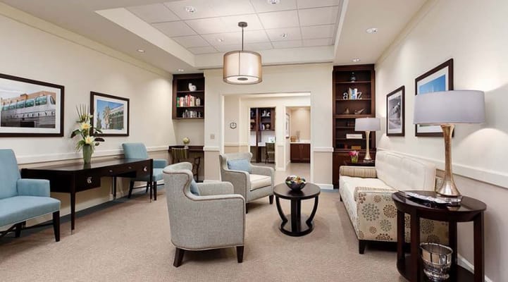 Common area with seating in a bright lounge