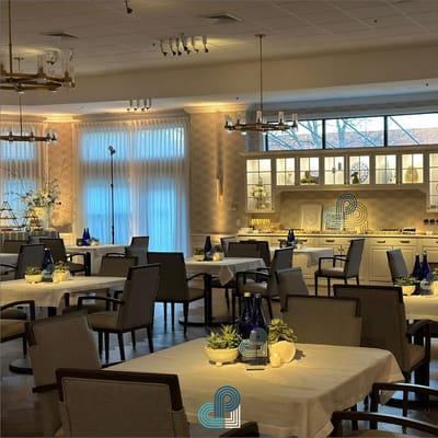 Bright dining room with elegant table settings