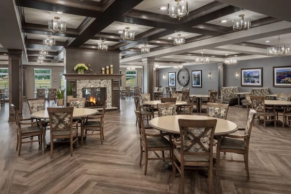 Dining area with tables and chairs in an elegantly designed room