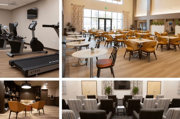 Common areas including fitness equipment, dining area, and lounge.