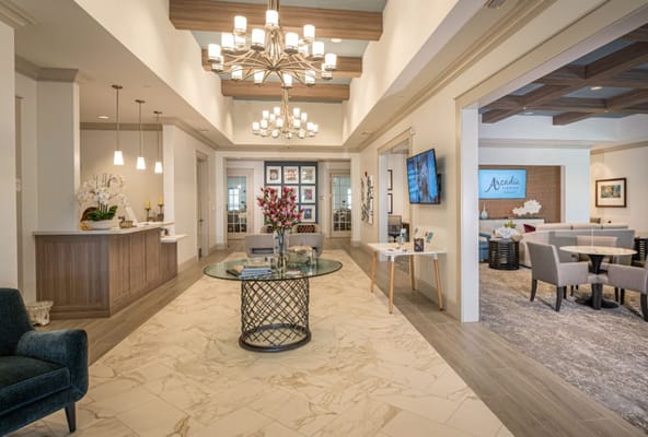 Interior lobby with modern decor and seating areas