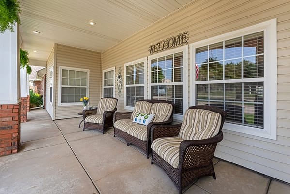 Welcoming outdoor seating area at the facility entrance