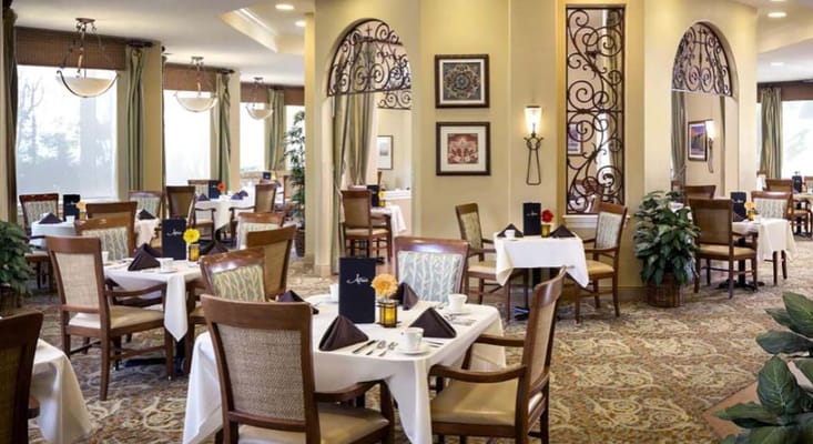 Elegant dining room setup with tables and chairs