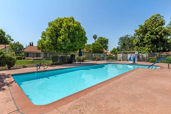 Outdoor pool area surrounded by trees and greenery