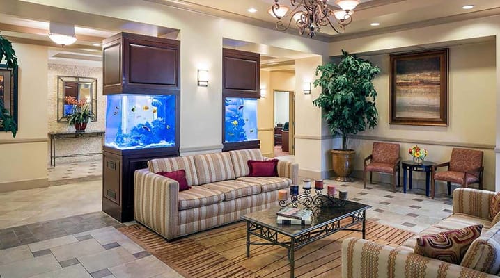 Bright common area with comfortable seating and fish tanks