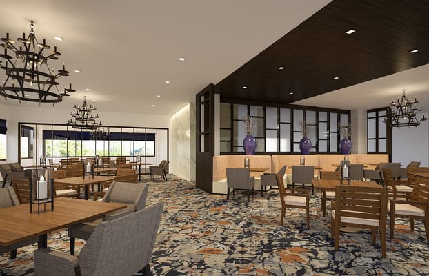 Modern dining area with tables and chairs in The Watermark at San Jose