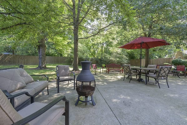 Outdoor seating area with trees and umbrellas