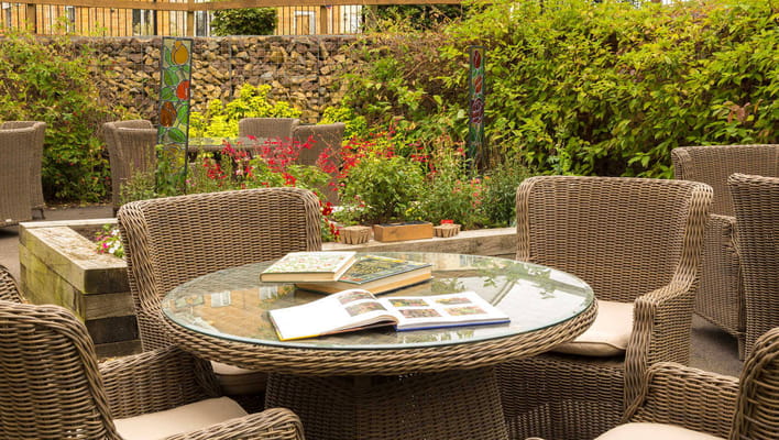 Outdoor garden seating area with plants and books