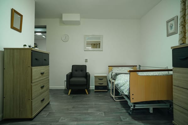 Interior view of a resident room in a care facility
