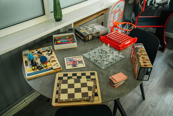 Table set up with various games and activities