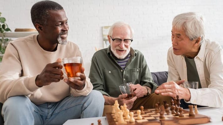 Three residents playing chess and enjoying drinks