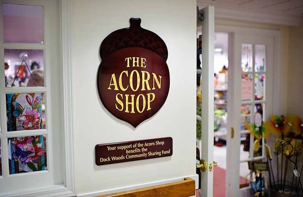 Interior sign for the Acorn Shop in Dock Woods