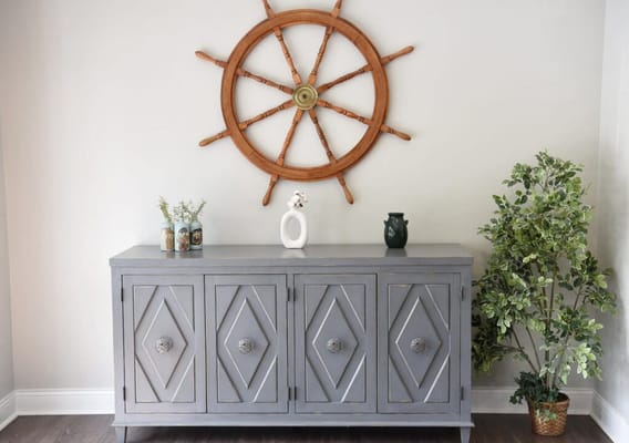 Interior view of a decorated sideboard with decor