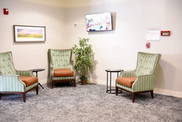 Cozy seating area with plush chairs and a television