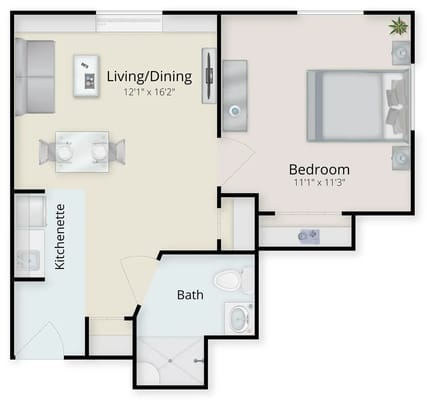 Architectural floor plan of a one-bedroom suite