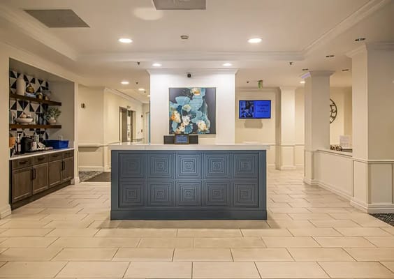 Bright and welcoming lobby area with a reception desk