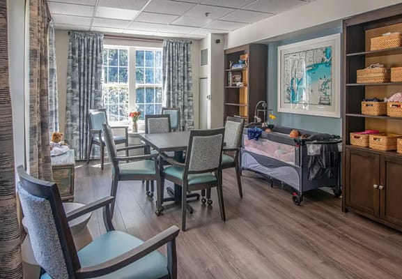 Bright common area with tables and seating