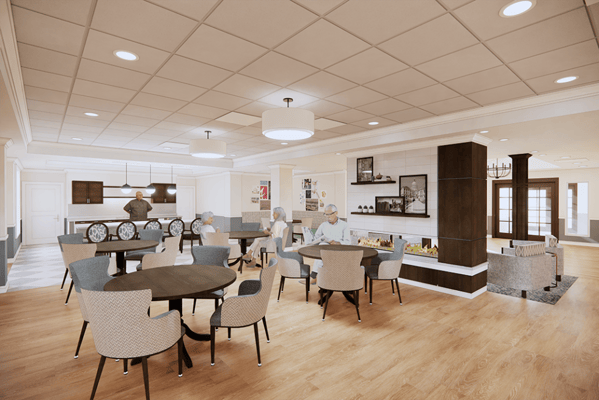Residents dining in a bright common area