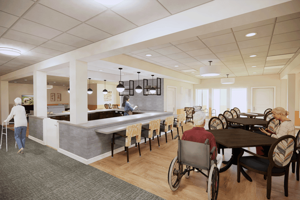 Interior dining area with residents and staff
