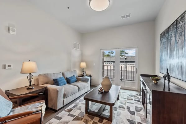 Bright, inviting living room in a senior living facility