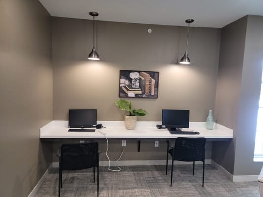 Interior workspace with computers and plants
