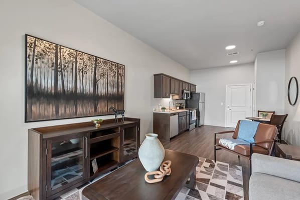 Modern interior of a resident room with kitchen