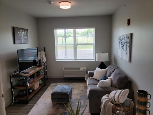 Cozy living room area with a sofa and TV
