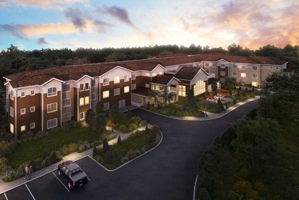 Aerial view of Charter Senior Living of Brookfield at sunset