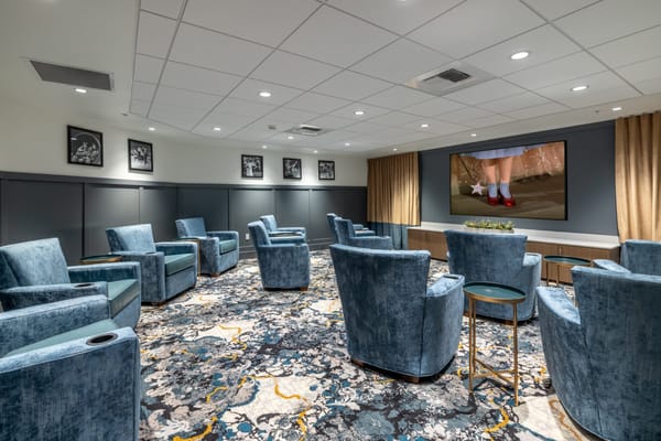 Bright and inviting movie room with plush seating