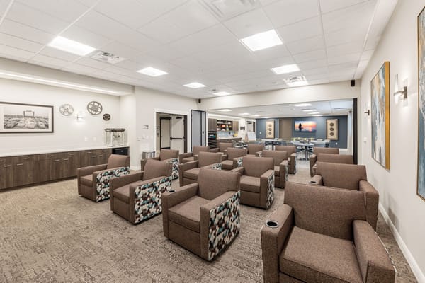 Bright and modern common area with seating