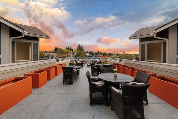 Outdoor patio with seating and flowers at sunset