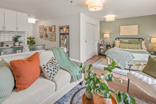 Bright and inviting interior of a resident room