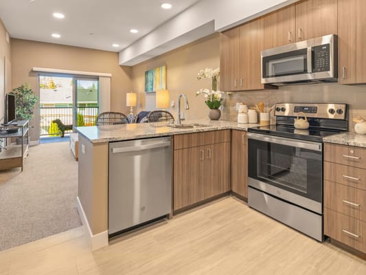 Modern kitchen area with stainless steel appliances