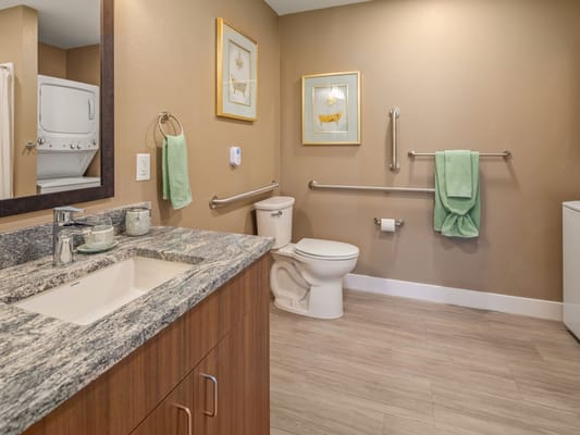 Bright bathroom with accessible features and laundry area