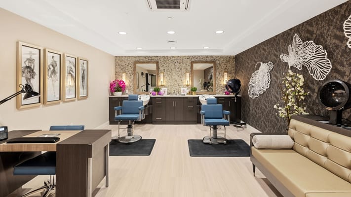 Interior of a salon with hair styling stations
