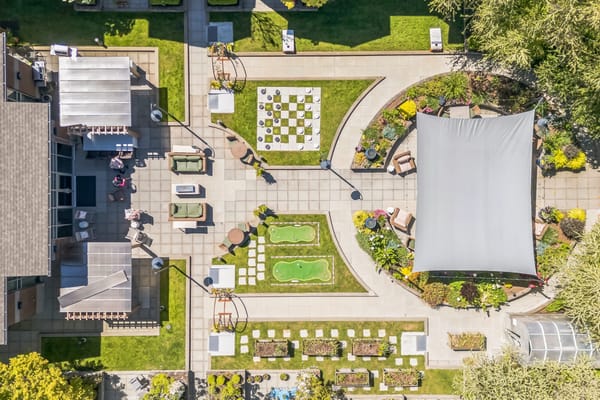 Aerial view of outdoor garden areas with residents