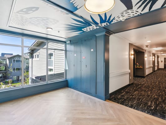 Bright and modern interior lobby area with large windows