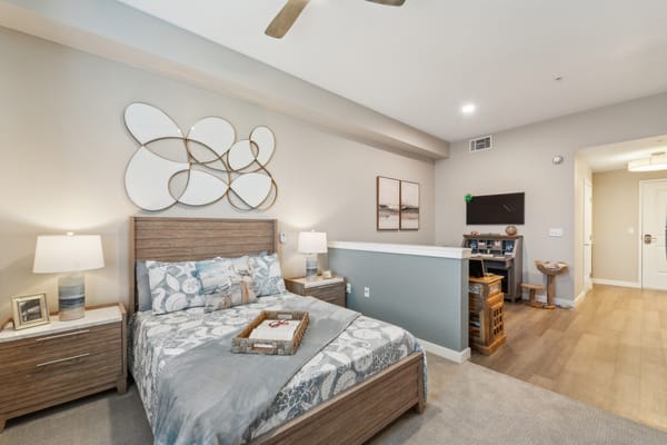 Stylish resident bedroom with modern decor and furniture