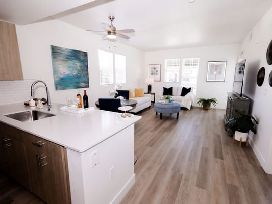 A bright common area with modern furnishings